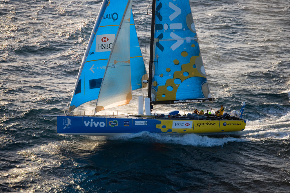 Brasil 1 heads for the Southern Ocean from Wellington after the start of Leg 4.  After passing Cape Horn they will head up the coast to Rio de Janeiro.   © Oskar Kihlborg/ Volvo Ocean Race 2005-2006 For further images go to http://images.volvooceanrace.org